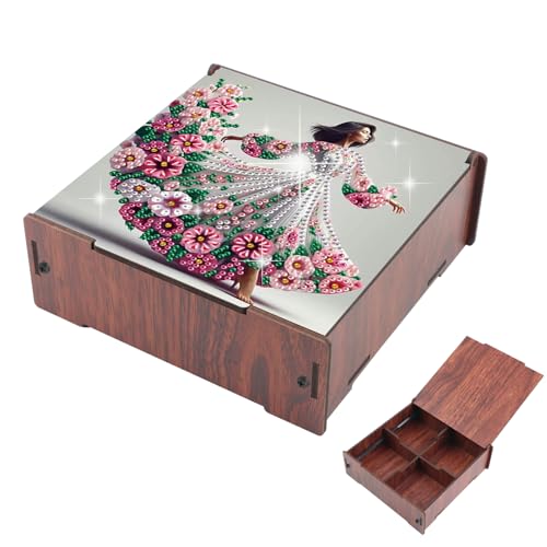 DIY Diamond Art Storage Box, Flower Lady Design Wooden Diamond Painting Case with Flip-Top Lid and 4 Divided Compartments, Desktop Craft, Jewelry and Accessories Supplies Storage Container - color: Flower Lady