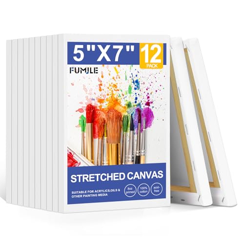 FUMILE 5x7 Canvas for Painting, 12 Pack Stretched Small Canvases for Painting-5/8 in Profile Primed White Blank Painting Canvas Value Pack for Oil & Acrylic Paint - size: 5x7IN