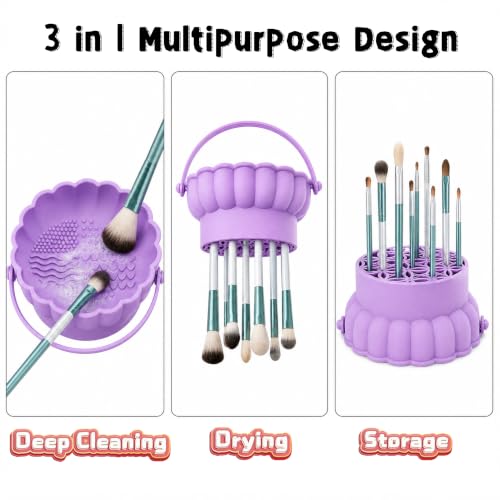 Pinkiou Makeup Brush Cleaner Mat, 3-in-1 Silicone Cosmetic Brushes Cleaning Bowl with Hanging Drying Mesh & Holder Organizer, Multi-Texture Wash Pad Tool for Sponges, Powder Puffs, Home and Travel - color: Purple