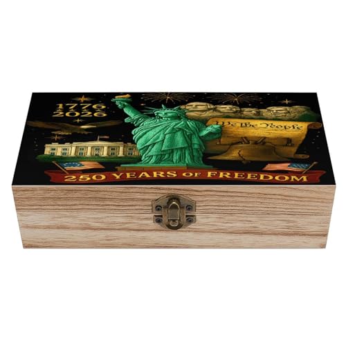 250 Years Of Freedom 1776 2026 Statue Of Liberty Eagle American Flag Jewelry Box Wooden Rustic Multi-Purpose Organizer with Front Clasp for Jewelry, Crafts, Accessories & Small Items - color: style-3