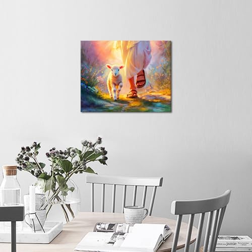 TUMOVO DIY Paint by Numbers for Adults Art Religious Christianity Adults' Paint by Number Kits Lamb Walking with Jesus Art Oil Hand Painting Paint Kits Art Crafts for Home Framed 16x20 in - color: Artwork-06-F