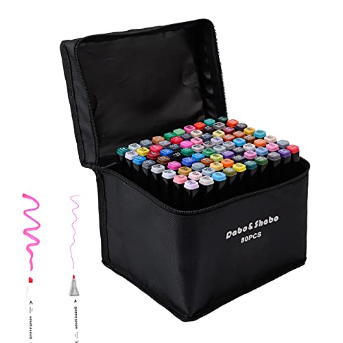 Dabo&Shobo 80 Color Alcohol Marker Pens, Bright Permanent Markers For Coloring, Markers For Adults Coloring Book, Wide Chisel and Fine Tip, Dual Tip Design, Equipped with Black Suitcase