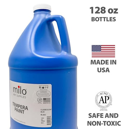 milo Fluorescent Blue Neon Tempera Paint | 128 oz Bottle, 1 Gallon | Glows UV in Black Light | Non-Toxic Made in USA | Washable Bulk Art Paint for Party, Student, Classroom, Artist - color: Fluorescent Blue
