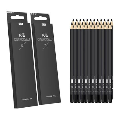 Drawing Charcoal Pencils 24 Piece Set, Pro Art Graphite Sketching&Shading Supplies, Ideal For Kid Beginner Student Adults Artist - color: Charcoal 24 Pc Set