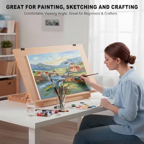 24.9"x17.3" Beechwood Tabletop Easel with Paint and Sketch Papers,Mask Tape | Extra Large Adjustable Art Easel Stand, Drawing Board for Painting, Sketching and Diamond Art - style: A2