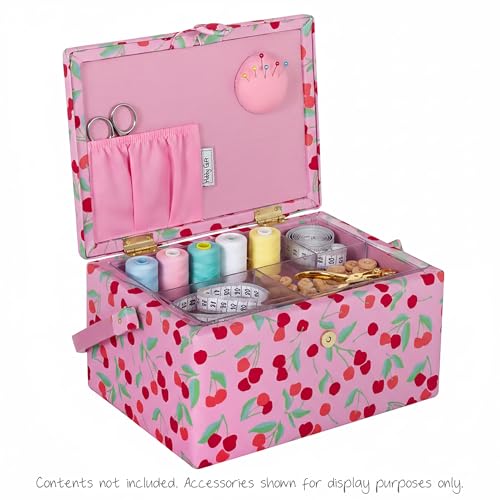 Hobby Gift Medium Sewing Box Organiser, Fabric Covered Storage Box with Handle, Internal Tray, Pin Cushion and Pocket for Sewing, Quilting and Knitting Supplies - color: Cherries