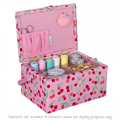 Hobby Gift Medium Sewing Box Organiser, Fabric Covered Storage Box with Handle, Internal Tray, Pin Cushion and Pocket for Sewing, Quilting and Knitting Supplies - color: Cherries