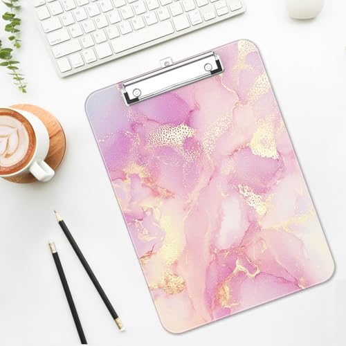 Plastic Cute Clipboard Low-Profile Metal Clip, A4 Letter Size 9 x 12.5 in, 8.5 x 11 Paper Clip Board for Teachers, Nurses, Classroom,Pink Gold Marble - color: Pink Gold Marble
