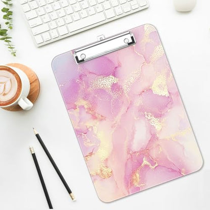 Plastic Cute Clipboard Low-Profile Metal Clip, A4 Letter Size 9 x 12.5 in, 8.5 x 11 Paper Clip Board for Teachers, Nurses, Classroom,Pink Gold Marble - color: Pink Gold Marble