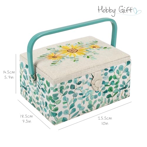 Hobby Gift Medium Sewing Box Organiser, Fabric Covered Storage Box with Handle, Internal Tray, Pin Cushion and Pocket for Sewing, Quilting and Knitting Supplies - color: Eucalyptus