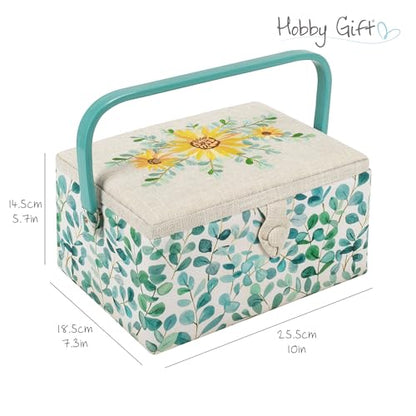 Hobby Gift Medium Sewing Box Organiser, Fabric Covered Storage Box with Handle, Internal Tray, Pin Cushion and Pocket for Sewing, Quilting and Knitting Supplies - color: Eucalyptus