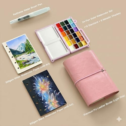 DarkWish Premium Mini Travel Watercolor Sketchbook Set - 24 Colors & Water Brush, PU Leather Urban Sketching Pocket Art Pad with 300gsm Black/White Paper, Plein Air Gift for Adults (Pink) - color: Pink