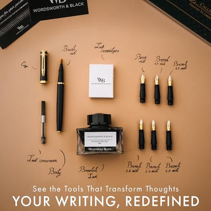 Wordsworth & Black Calligraphy Pen Gift Set, Includes Bottle, 6 Cartridges, Refill Converter, 6 Replacement Nibs, Premium Package, Journaling, Smooth Writing Pens [Black Gold] - color: Black Gold