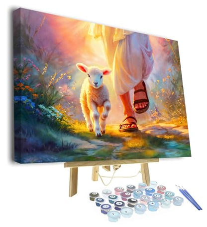 TUMOVO DIY Paint by Numbers for Adults Art Religious Christianity Adults' Paint by Number Kits Lamb Walking with Jesus Art Oil Hand Painting Paint Kits Art Crafts for Home Framed 16x20 in - color: Artwork-06-F