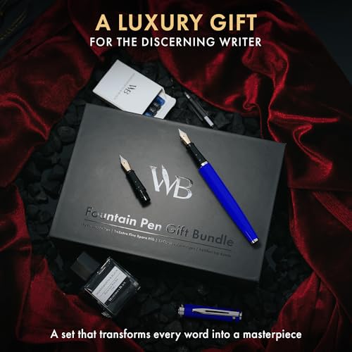 Wordsworth & Black Fountain Pen Set,18K Gilded Medium and Extra Fine Nib,25ML Black Ink Bottle,6 Ink Cartridges,Refill Converter,Gift Box,Smooth Writing Pens [Blue Chrome],Gift Set for Men and Women - color: Blue Chrome