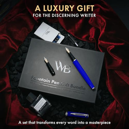 Wordsworth & Black Fountain Pen Set,18K Gilded Medium and Extra Fine Nib,25ML Black Ink Bottle,6 Ink Cartridges,Refill Converter,Gift Box,Smooth Writing Pens [Blue Chrome],Gift Set for Men and Women - color: Blue Chrome