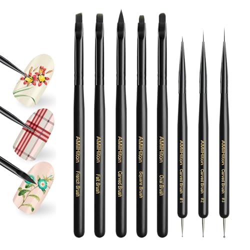 8PCS Nail Art Brush Set for Gel & Acrylic – French Tip, Flat, Oval & Carved Liner Brushes with Dotting Tools, Professional Builder Poly Gel Nail Design Kit - color: Black Wod 8PCS