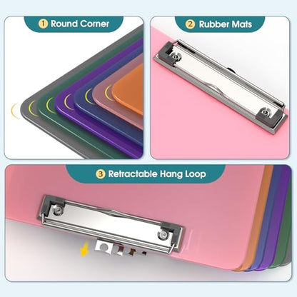 Color Clipboards 12 Pack, A4 Plastic Clear Clip Board 8.5 x 11 for Classroom, Students, Kid, Woman, Size 9" x 12.5" with Low Profile Clip, Office & School Supply