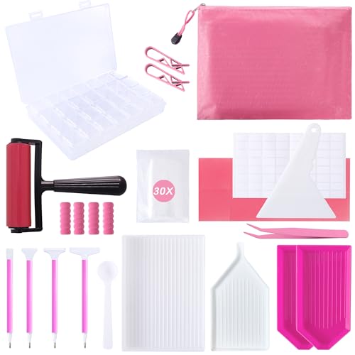 LYMUSUMI 61PCS 5D Diamonds Art Accessories and Tools Kits with Diamond Painting Roller and Diamond Art Storage Box for Adults or Kids（Pink） - color: pink