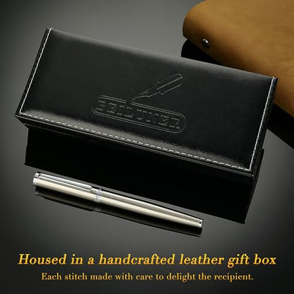 BEILUNER Luxury Fountain Pen Set, Solid 24K Gilded Medium Nib, Silver Stainless Steel Body- Includes 6 Ink Cartridges & Ink Refill Converter with Gift Case - Nice pen for Men and Women - color: Silver, style: Medium Nib