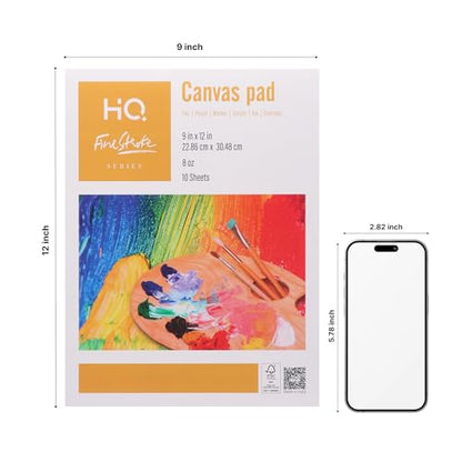 HQ Finestroke Canvas Pad, 9 x 12 Inches, 100% Cotton 8 oz Canvas Sheets, 10 Sheets, Acrylic and Oil Painting Pad