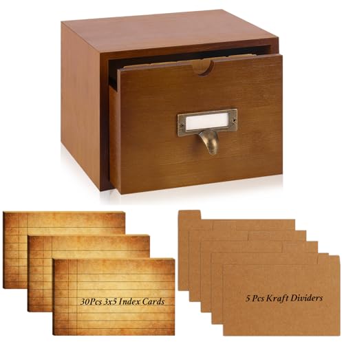 DLUGOPIS 3x5 Index Cards Holder Wood Index Card Organizer Box Flash Card Holder Recipe Cards Holder with Drawer 30 Pcs Vintage Library Cards 5 Kraft Dividers For Gifts Cards Home Office - color: Brown, size: 1 Tier 3X5