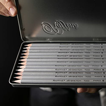 Graphite Pencils Kit Marco Raffine Sketch - Set of 12 Ebony Drawing Supplies 2H, H, F, HB, B, 2B, 3B, 4B, 5B, 6B, 7B, 8B In Tin Box. Perfect for Sketching, Shading. Suitable for School, Artists.