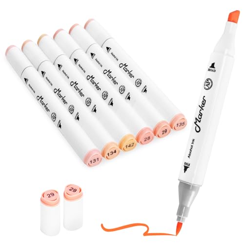 Skin Tone Alcohol Markers, 6 Pack Dual Tips Soft Fine Tip and Broad Tip Permanent Art Marker for Artists Adults Coloring Drawing Illustration Sketching Painting (Skin Tone) - color: Skin Tone