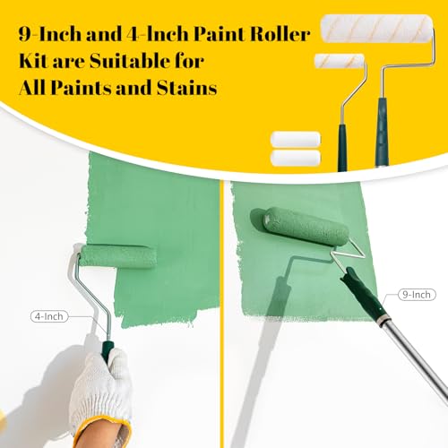 Paint Roller Kit with Extension Pole, 13 PCS Set, 9 Inch 4 Inch Paint Rollers, Paint Tray Liner, Paint Brush for Walls, Painters Tape, House Painting Supplies for All Paints & Stains (3 FT)