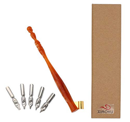 XIAOYU Calligraphy Oblique Nib Pen Holder, English Calligraphy Pen Nib Holder, Resin Dip Pen Handle Nib Holder with 5 Flat Nibs, Brown - color: Brown