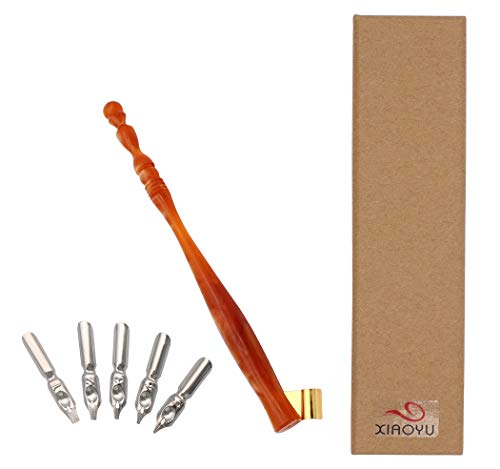 XIAOYU Calligraphy Oblique Nib Pen Holder, English Calligraphy Pen Nib Holder, Resin Dip Pen Handle Nib Holder with 5 Flat Nibs, Brown - color: Brown