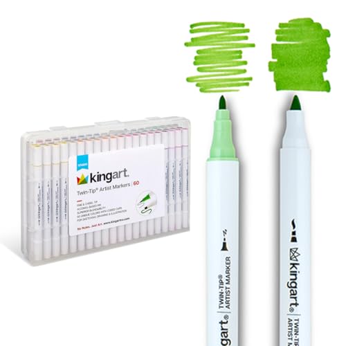KINGART Dual Tip Alcohol Based Art Markers, 60 Colors Permanent Marker Pens Highlighters with Case Perfect for Illustration Adult Coloring Sketching and Card Making