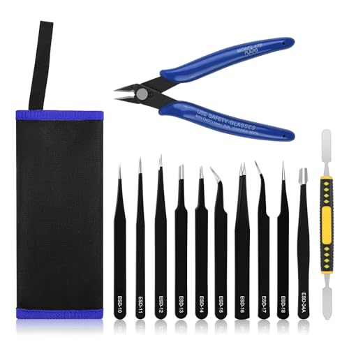 Ainiv Precision Tweezers Set, 11PCS Anti-Static ESD Tweezers Set with 1PCS Micro Wire Cutter for Modeling, Electronic Repair, Handicraft, Laboratory, Jewelry Manufacturing, Hobby etc - color: 12pcs, size: 12pcs