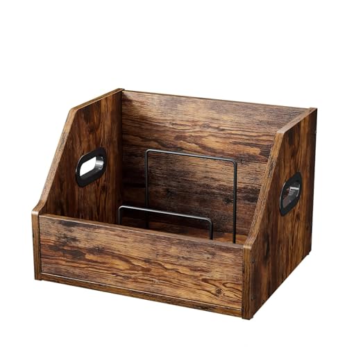 Wood Vinyl Record Storage with Separators,Records Holder Wooden Crates for 7/10/12 inch Vinyl Storage Box for Album Holder & Magazine Rack Organizer, Rustic Brown - color: Rustic Brown