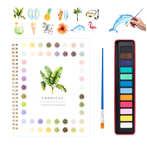 Watercolor Workbook for Adults, Beginner Friendly Watercolor Painting Kit Tropical Water Coloring Book, Nature-Themed Practice Art Gift Water Color Paint Book with Palette and Brush - color: Tropical