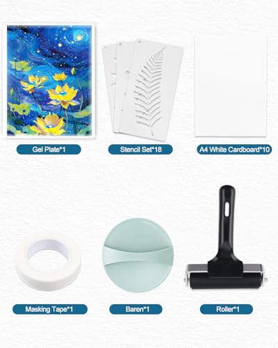 UCEC 32 Pack Gel Plate Printing Kit, Reusable 8 x 10 Gel Printing Plate with 4 Inch Brayer Roller & Baren, Plant Stencils and A4 Printmaking Paper – Mixed Media Art Kit for Card Making, Scrapbooking - color: Clear-Gel Printing Kit 8×10 Full Set