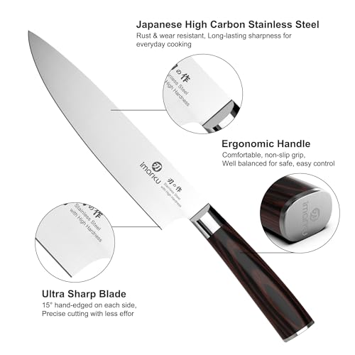 imarku Knife Set, 3 Piece Japanese High Carbon Stainless Steel | Razor Sharp 8 inch Chef Knife, 10 inch Bread Knife and 6 inch Boning Knife for Meat, Bread, Vegetables and Kitchen Prep - color: Pakkawood Brown