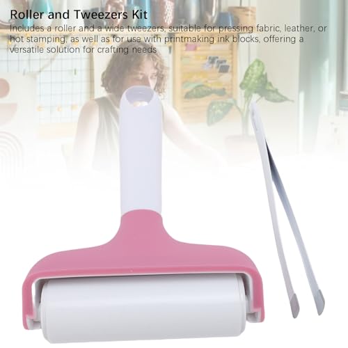 FAUOSWUK Rubber Roller Tool, Silicone Roller and Tweezers Kit, Boat Flooring Install Printmaking Painting Stamping Wallpaper Gluing for Bubble Removal, Gripping and Lifting Threads (Pink) - color: Pink