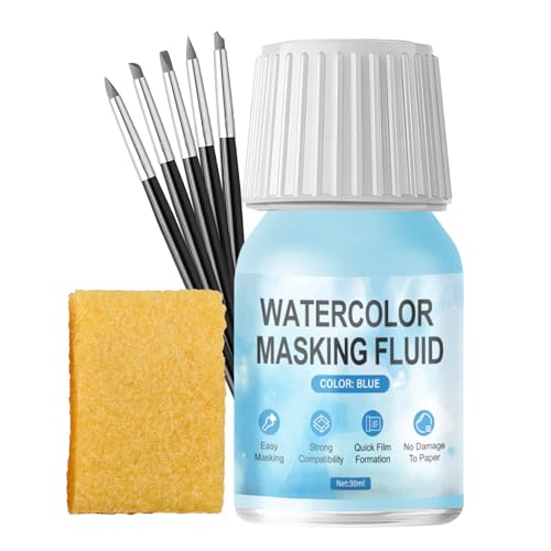 WANJAO Masking Fluid for Watercolor Painting, Liquid Masking Tape with Silicone Pens Cleaning Brush for Painting Fast Drying Easy Peel Use to Art Watercolor Supplies Retouching Covering, 30ml Blue - color: Blue