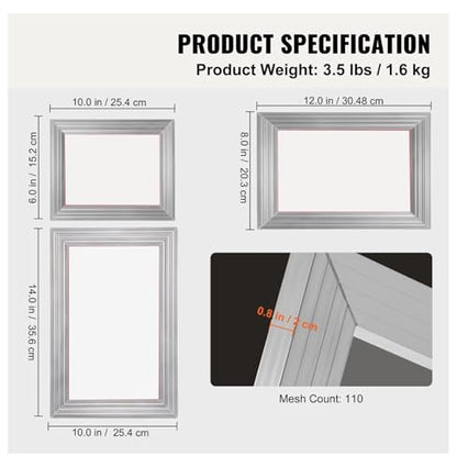 Screen Printing Kit, 3 Aluminum Frames, 5 Glitter Colors, Squeegee & Films for DIY T-Shirts - 6x10, 8x12, 10x14 inch 110 Mesh