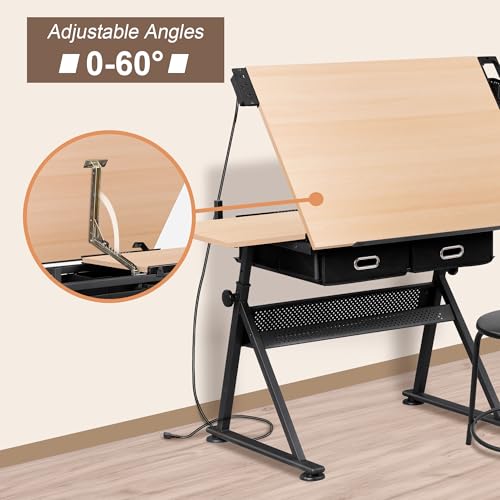 ZENY Adjustable Drafting Table with Stool, Tilting Drawing Desk Artist Table with Storage Drawers, Art Craft Workstation for Home Office Reading, Writing, Crafting (Brown-with Outlet) - color: Brown-with Outlet