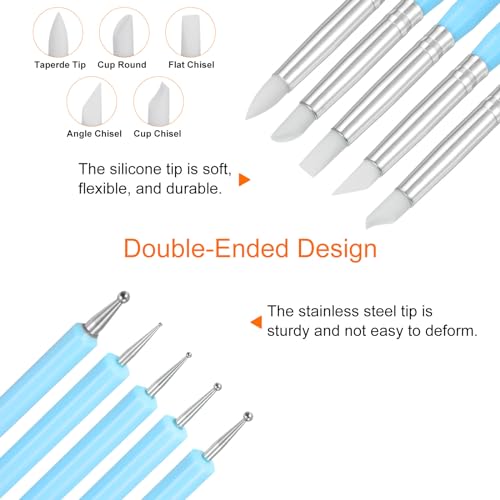 HARFINGTON 5 Pcs Silicone Clay Sculpting Tool Double-Ended Rubber Tip Metal Ball Silicon Shaper Pens Modeling Stylus Dotting Tool for DIY Handicraft Sculpture Pottery Painting, Light Blue - color: Light Blue