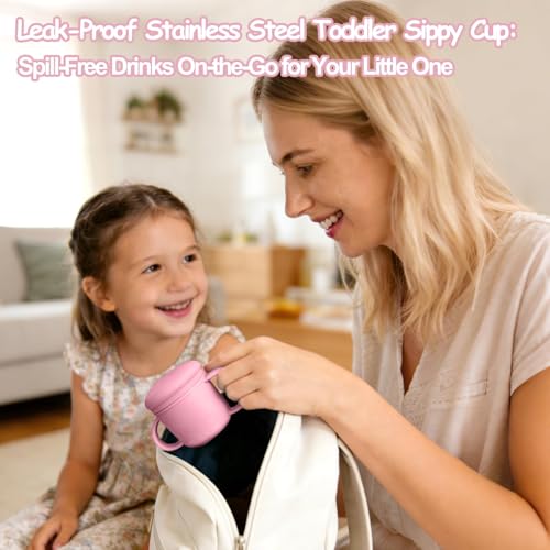 2PCS Stainless Steel Sippy Cups for Toddlers1-3, Baby Straw Cups for 6+Month Old with Travel Lid, Silicone Straw, Replacement Straw & Cleaning Brush-8oz Toddler Cups Spill Proof Set Pink+Rice White - color: Beige/Pink