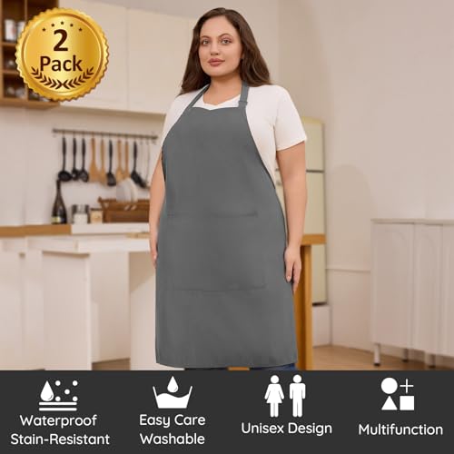2 Pack Plus Size Waterproof Cooking Chef Apron with 2 Pockets for Men Women - color: Gray