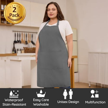 2 Pack Plus Size Waterproof Cooking Chef Apron with 2 Pockets for Men Women - color: Gray