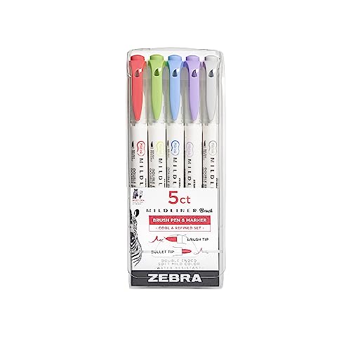 Zebra Pen, Mildliner Dual-Ended Brush Pens, Cool and Refined Color Palette, 5 Assorted Colors, Brush and Fine Tips, No Bleed-Through Ink for Calligraphy, Journaling, Planners, 5-Pack (79205) - color: Assorted Cool, size: 1 Count (Pack of 5), style: Brush