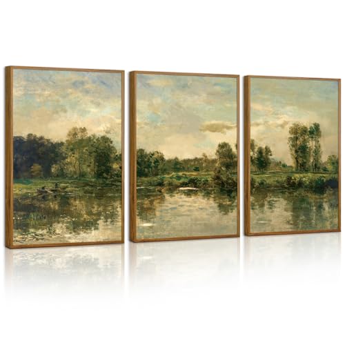 Tinonedraw Vintage Landscape Framed Canvas Wall Art Set of 3, French Country Art Prints, Nature Green Trees and Lake Art Paintings, Rustic Aesthetic Wall Decor for Living Room Bedroom Office 16"x24"x3 - color: French Country, size: 24L" x 16W"