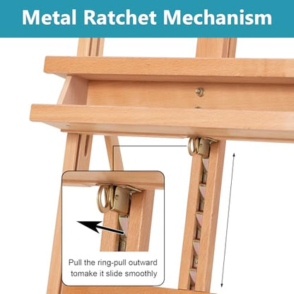 H-Frame Studio Easel, Beechwood Artist Easel with Wheels and Storage Tray, Adjustable Floor Easel Stand Holding Canvas up to 51Inches for Painting, Natural - style: Natural