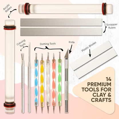 14 Pcs Clay Tools & Pottery Tools Kit, Polymer Clay Earring Making Kit with Acrylic Clay Roller and Thickness Rings Clay Cutters for Jewelry Making & Air Dry Clay Tools Set - size: Pack of 14