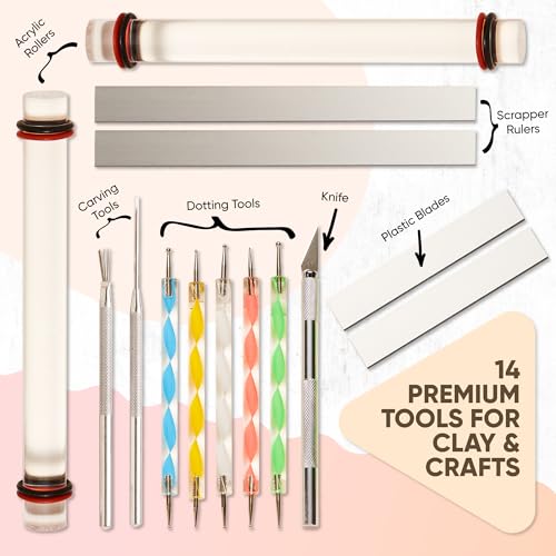 14 Pcs Polymer Clay Tools Acrylic Roller Clay Rolling Pins for Baking with Thickness Rings, Tissue Blade, Slicer Knife, Dotting Tools, Sculpting Earring and Jewelry Making Kit for Modeling and Shaping - color: Clear-14Pcs